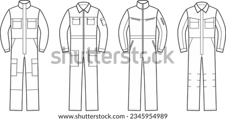 Work coverall flat sketch. Set of working uniform apparel design. Workwear. Men CAD mockup. Fashion technical drawing template. Vector illustration.