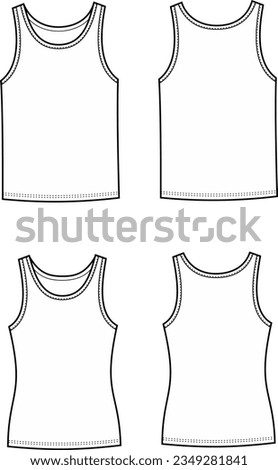 Tank top flat sketch. Singlet apparel design. Front and back. Men and women CAD mockup. Fashion technical drawing template. Vector illustration 
