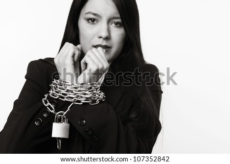 Business Woman With Her Hands Locked Up In Chains Stock Photo 107352842 ...