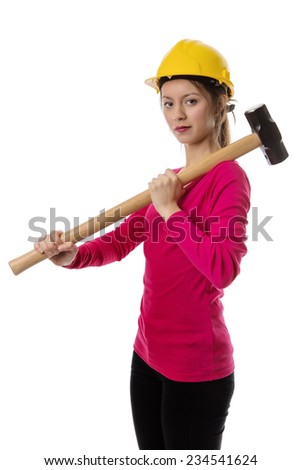 woman holding a sledgehammer and wearing a hard hat about to smash something