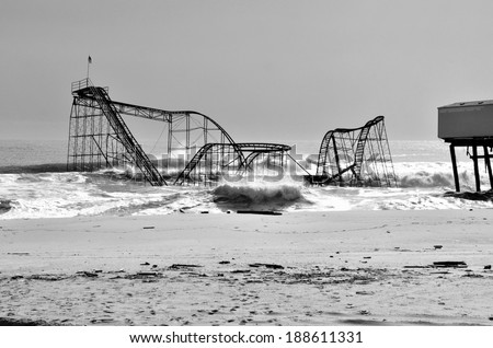 A shocking photo of the Jet Star Roller Coaster of the New Jersey Shore in Seaside Heights. Taken off the Boardwalk showing the Atlantic Ocean. Taken February 27 Th 2013.