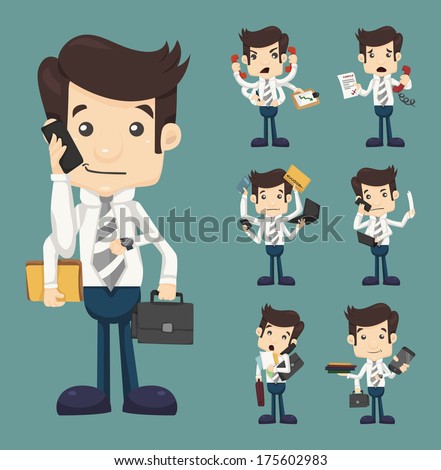 Set of businessman with many hands in elegant suit working hold notepad clipboard, cell phone, paper, document, contract , eps10 vector format