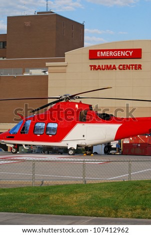 Emergency medical helicopter sitting outside a trauma center.