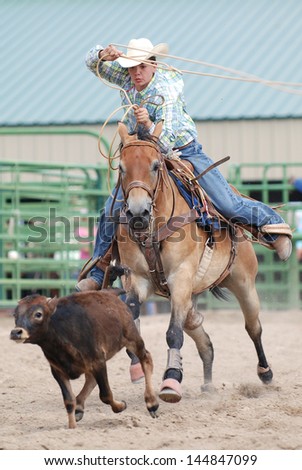 Young Cowboy competing in calf roping during a rodeo.