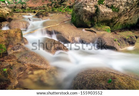 Mountain river. A stream of water in forest and mountain terrain