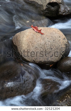 Water flowing around a rock in a mountain stream.  There is a red autumn leaf on the rock