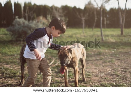 Image, Stock Photo Child kindly caresses his dog