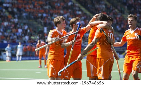 THE HAGUE, NETHERLANDS - JUNE 1: Dutch players celebrating a goal during the Hockey World Cup 2014 in the match between The Netherlands and Argentina (men). NED beats ARG 3-0
