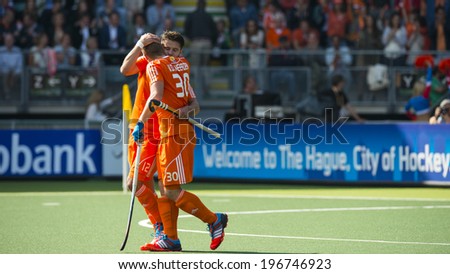 THE HAGUE, NETHERLANDS - JUNE 1: Dutch players van der Weerden and Kemperman celebrating a goal during the Hockey World Cup in the match between The Netherlands and Argentina (men). NED beats ARG 3-0