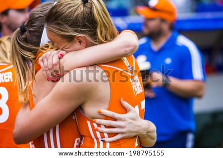 THE HAGUE, NETHERLANDS - JUNE 14 2014: Dutch team captain Maartje Paumen cant surpress her tears of joy after winning the world championships hockey 2014