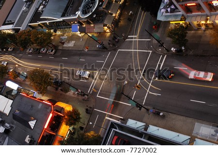 One of Vancouvers intersection at dusk, seen from above