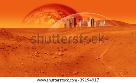 Fantasy image of city under a glass dome on red desert planet. The image is saturated red, and there are no people visible. Horizontally framed shot.