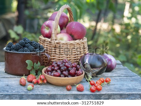 summer fruits, berries, vegetables outdoor