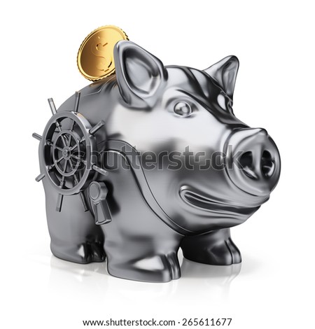 Metal piggy bank with safe lock and gold coin isolated on white background. 3d render