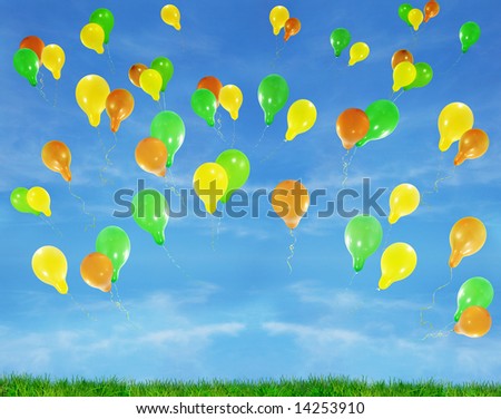 A set of colorful balloons fly in the sky. It symbolize positivity and happiness