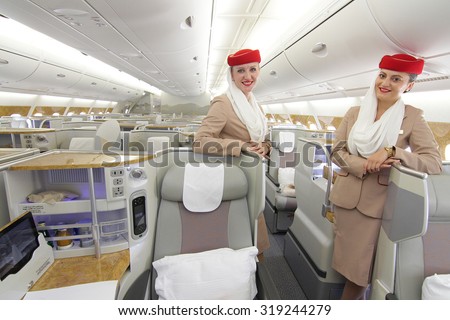 MILAN MALPENSA - 22 JUNE, 2015: Business class interiors of the whale of the skies, the Airbus 380-800 of Emirates at Milan Malpensa Airport