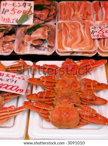 Crabs and seafood in Ameyoko market street in Tokyo, Japan