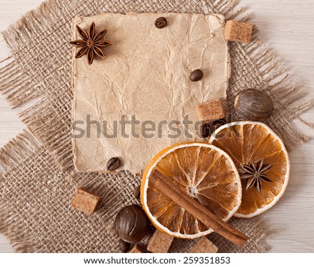 old paper and old cloth fabric, paper menu and spices