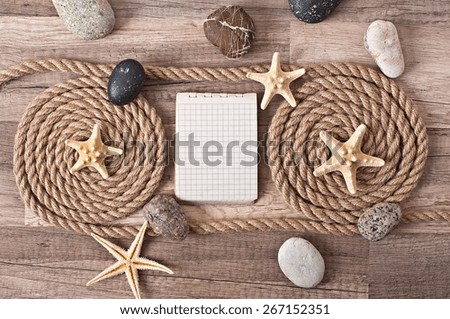 travel background, starfish and ship rope on the background of an old tree