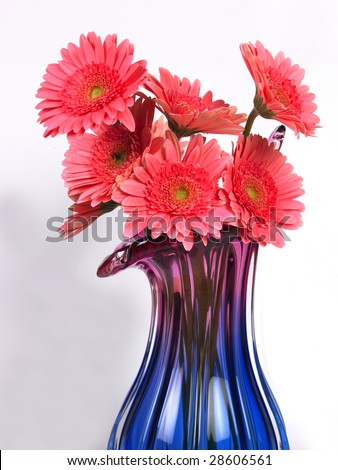 A blue  flower vase with pink daisy flowers