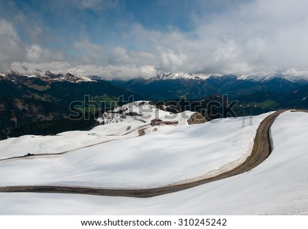 Snowy alpine road to Jaufenpass. The border between Austria and Italy in Europe