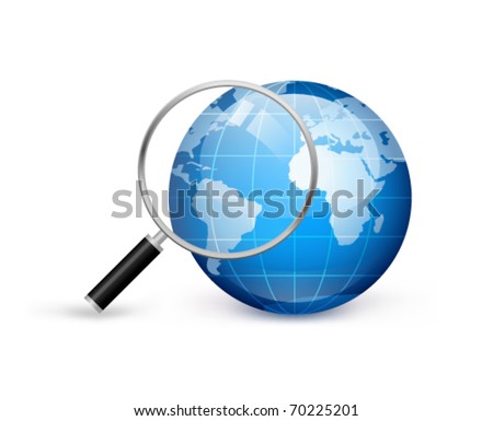 Earth with magnifying glass on a white background