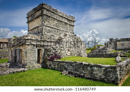 Old touristic ruins at Tulum, Mexico. Beautiful holiday destination.
