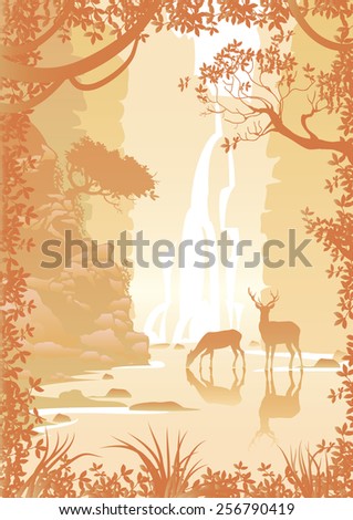 Mountain landscape with high cliffs,deer, trees and waterfall. Image of a forest in golden color