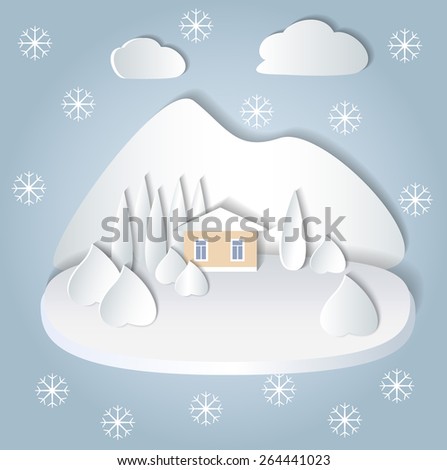 Flat design nature landscape illustration with mountain, glade, trees and clouds. Snow-covered fields and  small house
