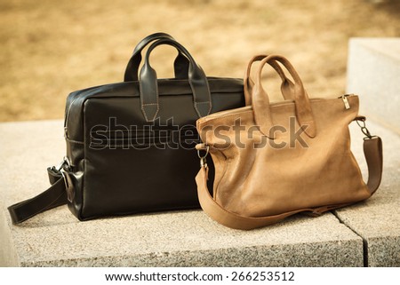 Leather bag on a background of nature