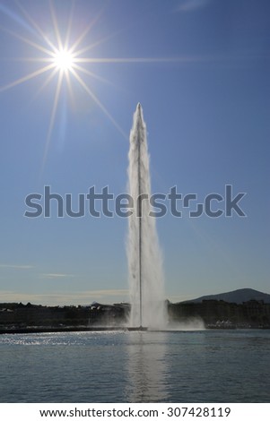 The water jet (jet d\'eau) fountain on lake Geneva on a sunny day