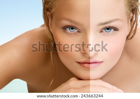 Beauty visual about suntan. Model\'s face divided in two parts - tanned and blanc.