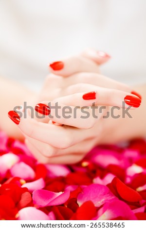 Female hands with red nails resting on red and pink rose petals.