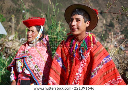 HUILLOC, SACRED VALLEY, PERU - SEPTEMBER 10: Unidentified people in traditional clothes in village Huilloc, Peru, 09 Septiember 2014. Sacred Valley is most important regions of the Inca civilization.