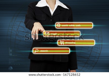 business hand push on technology virtual touch screen interface.