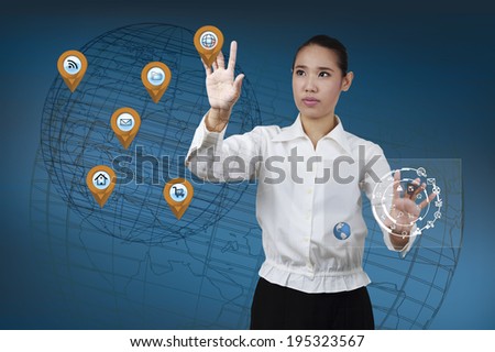 Business woman  with virtual globe and business plan. Concept of business strategy