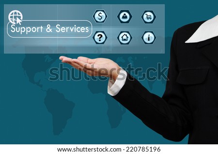 Business hand with  word support and services on virtual screen.