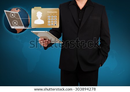 Business man protect envelope with top secret confidential file.