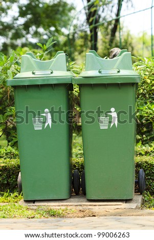 A green plastic garbage bin , great for recycling concepts and designs.