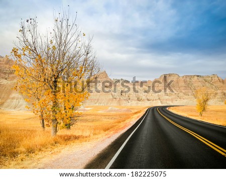 Badlands Loop Road through the Yellow Mounds area of Badlands National Park in South Dakota, United States