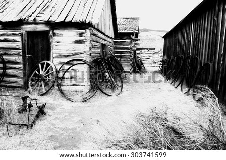 Old west, Old trail town, Cody, Wyoming, United States, black and white version