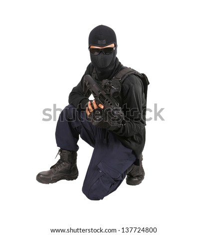 SWAT Team Officer with clipping path on white isolated background