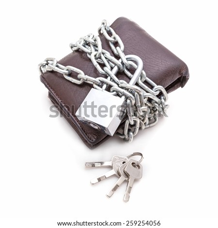 Brown locked wallet with master key lock  isolated on white background