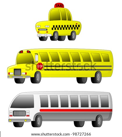 Vehicles - Transportation A set of 3 transportation vehicles (Taxi, School Bus and City Bus).