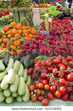Beautiful organic vegetable and fruit on sunny market