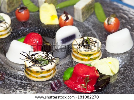 Close up of tasty Fruits of the sea canapes and dessert decoration