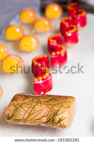 Close up of tasty Fruits of the sea canapes and dessert decoration