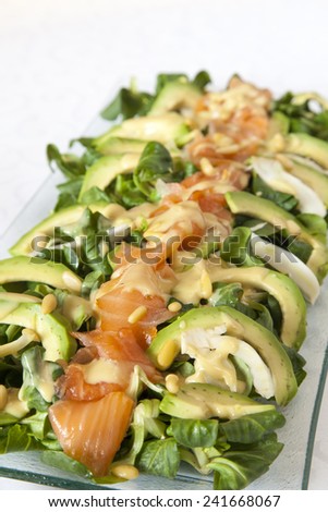 Closeup of healthy salmon salad with avocado and fresh organic Corn salad;  MÃ?Â¢che, Lamb\'s lettuce;  fennel and pignoli, covered  with mustard sauce, selective focus