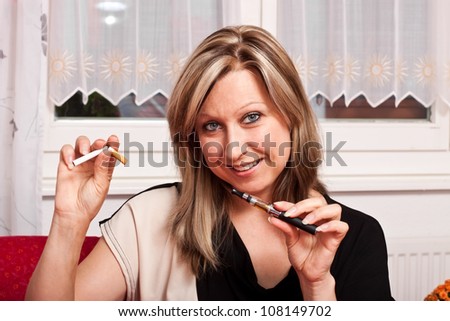 Blonde pretty woman chooses an electronic cigarette and destroys the normal