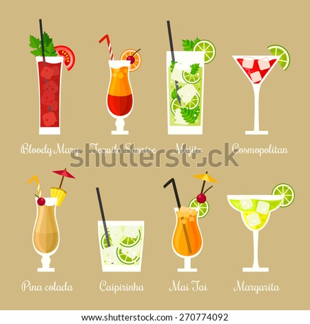 Vector illustration of eight popular alcoholic cocktails: Bloody Mary, Tequila Sunrise, Mojito, Cosmopolitan, Pina Colada, Caipirinha, Mai Tai, Margarita in flat style